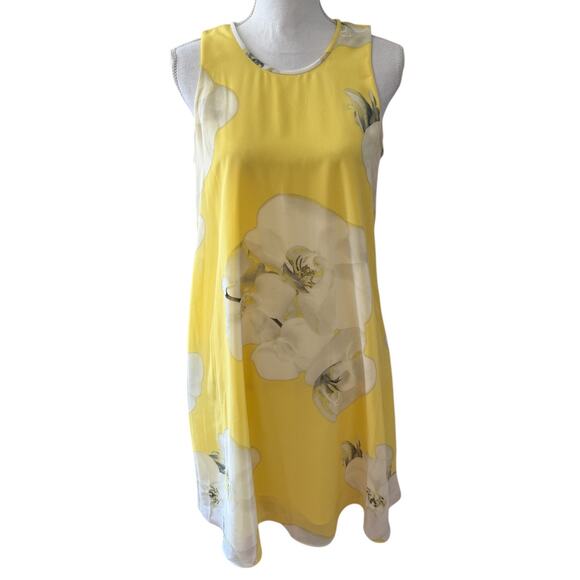 Calvin Klein Bold Floral Print Sleeveless Shift Dress Butter Yellow 10 - Picture 1 of 6